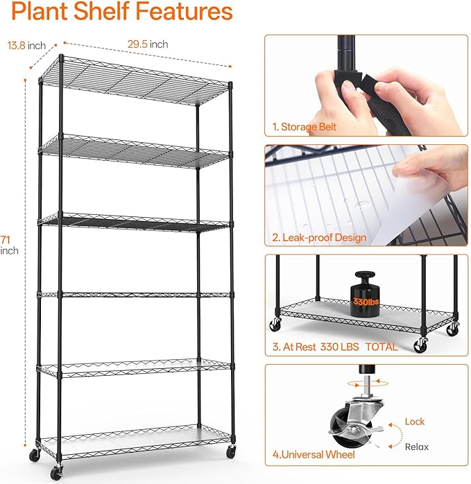 Bstrip Plant Shelf with Grow Light, Metal Plant Stand with Adjustable Rack and Wheels, 5 Pack T8 Full Spectrum Grow Light Strip for Indoor Plants, Seed Starting, Seed Tray, 35.4"x13.8"x71" - Image 9