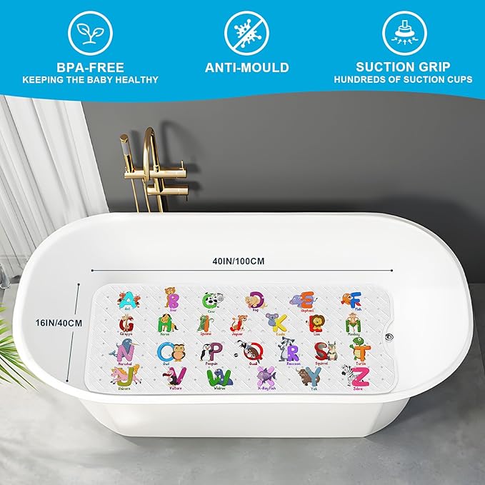XIYUNTE Baby Bath Mat for Tub Non Slip Kids Bath Mat - 40''x16'' Extra Long Cartoon Bathtub Mat Non Slip Kids Shower Mat Eco-Friendly Toddler Bath Mats with Suction Cups, Machine Washable - Image 2