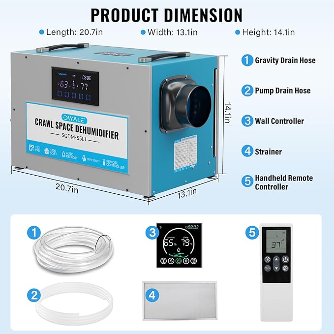 145 Pint Commercial Dehumidifier,Crawl Space Dehumidifier with Pump and Hose,Portable, AutoDefrost, Memory Restart Starting,Whole House dehumidifier for Basements, Warehouses - Image 2