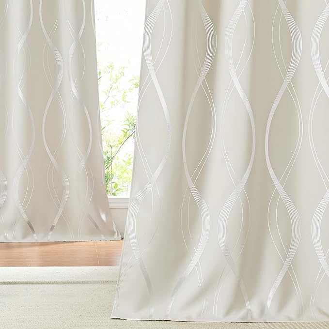 NICETOWN Blackout Curtains Panels for Bedroom, Microfiber Noise Reducing Thermal Insulated Wave Line Foil Print Design Blackout Curtains for Patio Sliding Glass Door (Beige, 2 Panels, 42 x 84 Inch) by NICETOWN