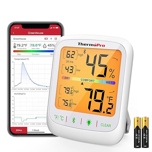 ThermoPro TP359 Bluetooth Hygrometer Thermometer, 260FT Wireless Remote Temperature and Humidity Monitor, with Large Backlit LCD, Indoor Room Thermometer and Humidity Gauge, Max Min Records by ThermoPro