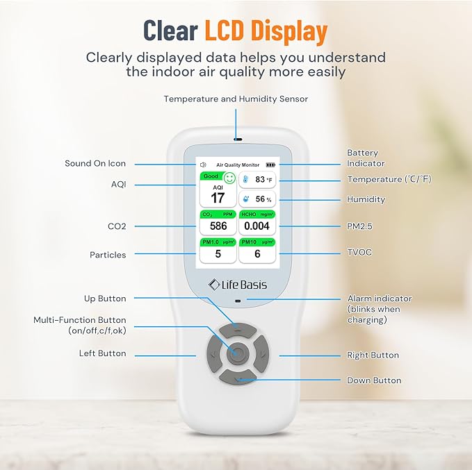 LifeBasis Air Quality Monitor Indoor, 10-in-1 Air Quality Detector with Stand, Real-Time Air Meter Test AQI, PM1.0, PM2.5, PM10, CO2, TVOC, HCHO, Particles, Temperature and Humidity with Alert -White - Image 5