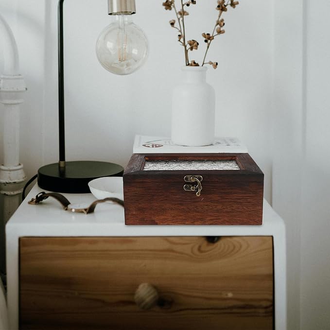 BESPORTBLE Wooden Jewelry Box with Glass Top Lid, Vintage Trinket Chest Organizer for Rings and Earrings, Small Paulownia Wood Display Case Dustproof Storage for Home and - Image 6