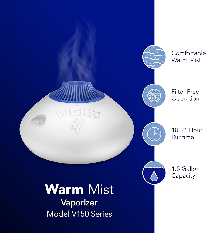 Vicks Warm Steam Vaporizer & Humidifier 1.5 Gallon Tank for Small and Medium Rooms, Night Light, Works with VapoPads and VapoSteam - Image 7