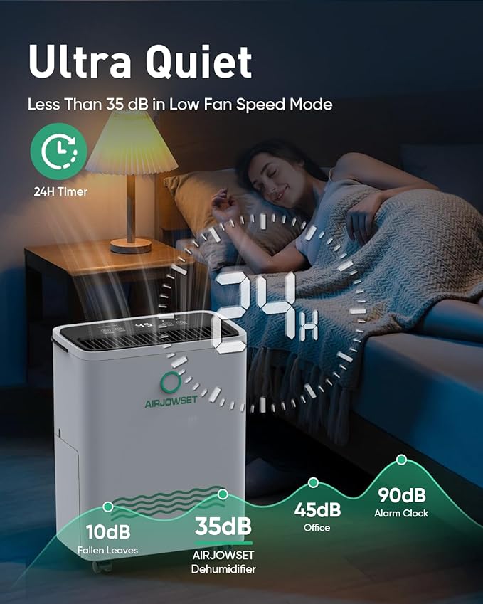 Dehumidifier for Home 2500 Sq.Ft, AIRJOWSET 30 Pints Dehumidifiers 0.6 Gallon Water Tank with Drain Hose and 24H Timer Adjustable Humidity, Dehumidifier for Basement Bedroom Bathroom - Image 5