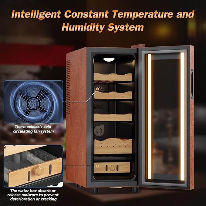 Electric Humidor with Leather-35L Cooling & Heating Humidor, Smart Touch Control Humidity & Temp, Humidors wtih Spanish Cedar Wood Tray and Drawer, Digital Display, Safety Lock, Desktop Gift for Men - Image 4