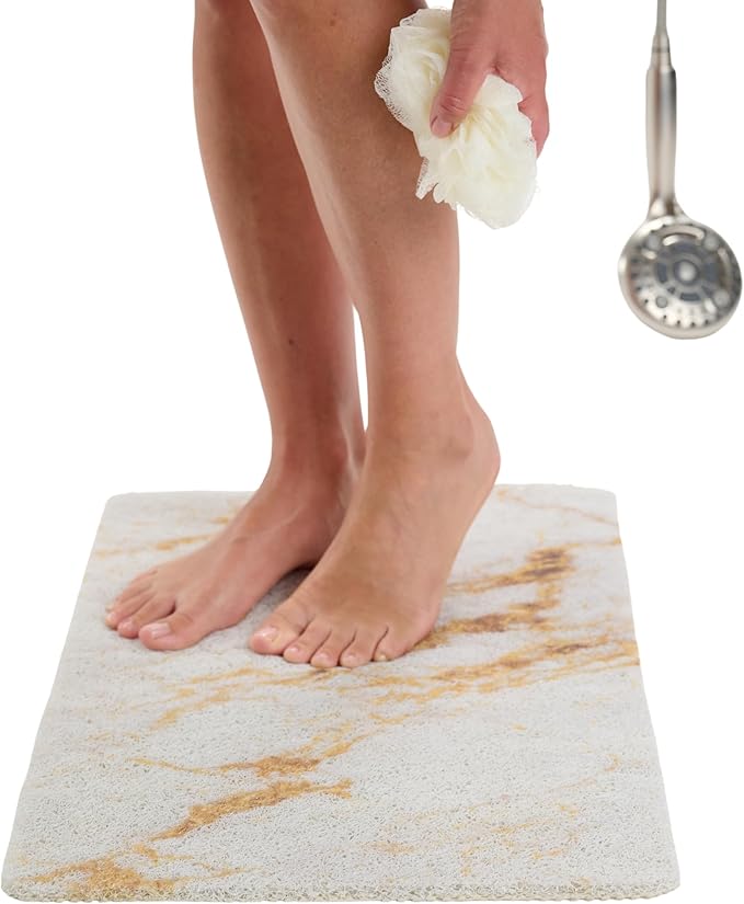 ENKOSI Loofah Non-Slip Shower and Bath Mat - Soft Cushioned Comfort - No Suction Cups for Smooth or Textured Tubs - Fast Draining - Safety for Bathroom, Family and Elderly (24x16 Marble Gold) by ENKOSI