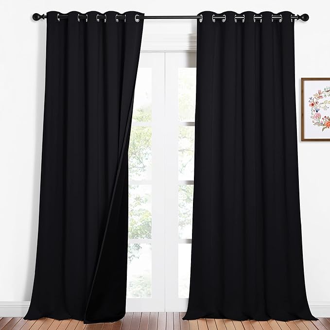 NICETOWN Cold Blocking 100% Blackout Curtains, Durable Black Lined Blackout Curtains for Bedroom, Energy Saving Long Curtains for Patio Sliding Glass Door, Black, 62 inches x 95 inches, 2 Panels by NICETOWN