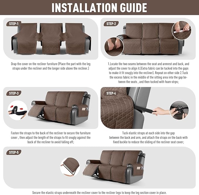TAOCOCO 100% Waterproof Recliner Cover, Non-Slip Washable Reclining Couch Cover with Elastic Leg Straps, Furniture Protector for Dogs (Brown, 3 Seater) - Image 7
