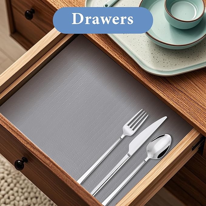 Shelf Liners for Kitchen Cabinets Non Adhesive Drawer Liner 23.6in x 30FT Pure Grey Thickened Shelf Liner Strong Non-Slip Easy to Clean for Tool Box Refrigerator with Knife and Tape Measure - Image 2