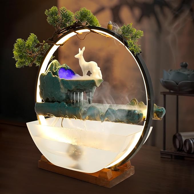 Tabletop Decoration Water Fountains Indoor Waterfall Fountains Humidifie with LED Light and Atomizer, Japanese Zen Decor for Meditation Fake Plants Bonsai Gift Feng Shui Decor - Image 6