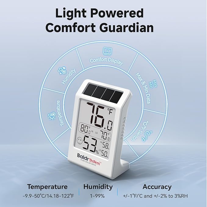 BaldrTherm Room Thermometer Indoor Humidity Meter, Solar-Powered 3.2'' Large Digital Temperature Sensor Monitor with Max/Min Reading for Baby Room, Home, Office, Black&White - Image 6