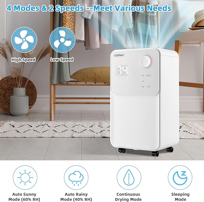 COSTWAY 2000 Sq. Ft Dehumidifier for Large Room & Basement, 32 Pint Dehumidifier with Drain Hose, 4 Modes, 2 Speeds, 24H Timer, Auto Defrost, 3-Color Digital Display - Image 3