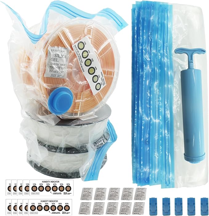 Filament Storage Bag kit 36 pcs,1 Bag Store 2 Spool Total 20, Box 10 Bags/Desiccant/Clip/Humidity Indicator Card/Hand Pump, Vaccum Seal PLA Storage Rack or Using After Filament Dryer Box by ACROSSXD