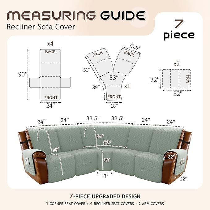Arfntevss Waterproof Recliner Sectional Couch Covers for Reclining Sectional L Shape Sofa Cover Non Slip Washable Recliner L Shaped Slipcover Sets for Dog Furniture Protector (5 Seater, Sage Green) - Image 5