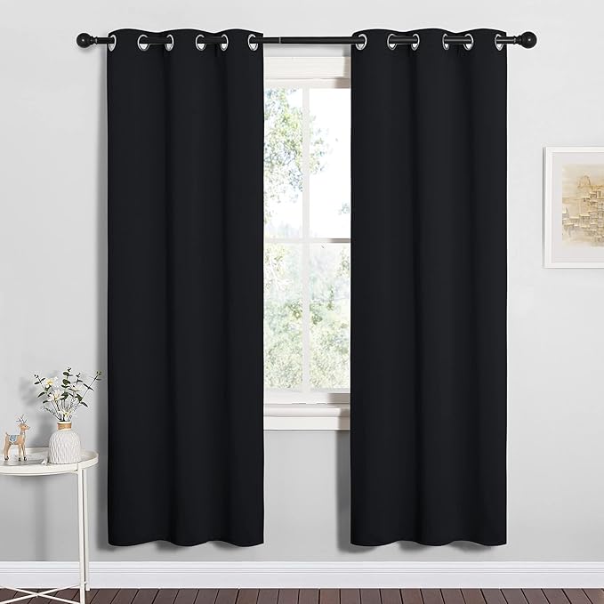NICETOWN Bathroom Blackout Thermal Curtains and Drapes, Black Solid Thermal Insulated Grommet Blackout Drapery Panels for Window (2 Panels, 34 inches Wide by 72 inches Long, Black) - Image 2