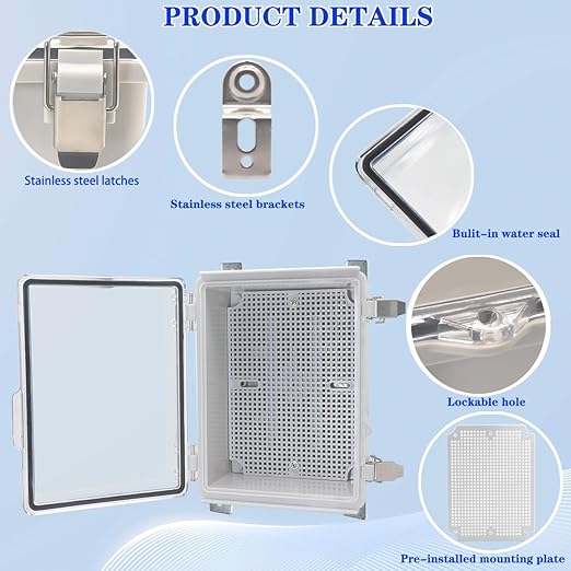 Waterproof Electrical Box with Mounting Plate, IP67 Junction Box Stainless Steel Latch Hinged Clear Cover Project Enclosure with Wall Bracket and 2 Glands 8.3" x 6.3" x 3.9" - Image 3