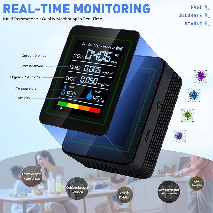 Indoor Air Quality Monitor,LXIANGN 5 in 1 Professional Air Quality Detector for CO2 | TVOC | HCHO | Temperature | Humidity for Home, Hotel, Office, Car (Black) - Image 3