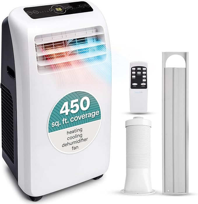 SereneLife Portable Air Conditioner With Heat & Built-in Dehumidifier 10,000 BTU, Portable Heater & AC For Rooms up to 450 Sq Ft - Remote Control & Window Mount Exhaust Kit Included by SereneLife