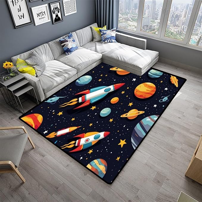 Shag Carpet, Rocket and Planet Pattern Printing Anti-Slip Backing Area Rugs Stain Resistant Washable Accent Rugs Non Shedding Floor Carpet for Living Room Bedroom, 24 x 36 Inch - Image 2