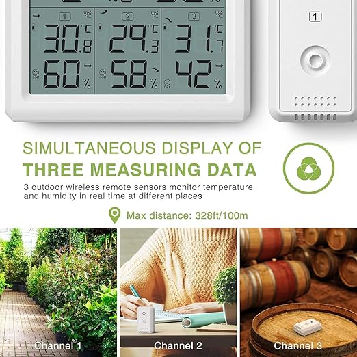 KeeKit Indoor Outdoor Thermometer, Digital Hygrometer Meter Gauge with 3 Wireless Sensors, Temperature Humidity Monitor with LCD Backlight, Min/Max Record for Home, Office, Restaurants, Bars, Café - Image 2