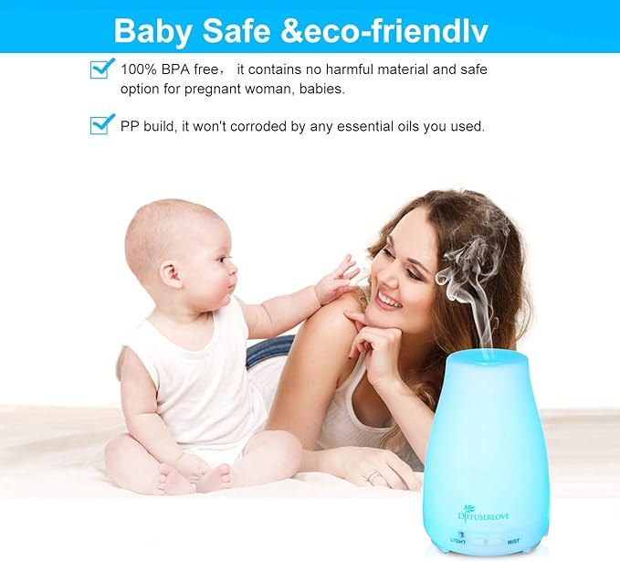 Diffuserlove 2 Pack 200ml Essential Oil Diffuser Ultrasonic Aromatherapy Diffuser with Waterless Auto Shut-Off Aroma Cool Mist Humidifiers with 6 Bottles of Natural Essential Oils /7 Color LED Lights - Image 4
