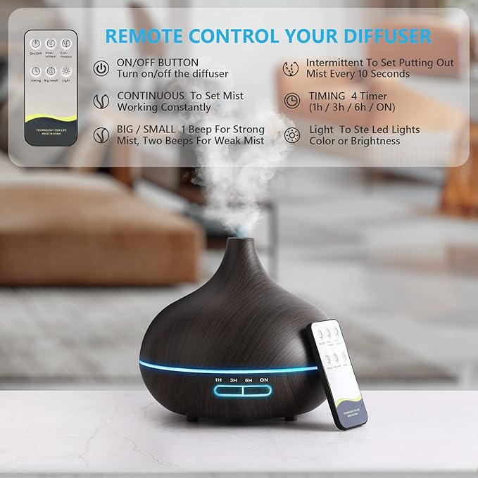 Diffusers for Essential Oils Large Room, 550ml Essential Oil Diffusers with Remote Control, Ultrasonic Oil Diffuser with Timer, 7 Colors Light for Bedroom - Image 2