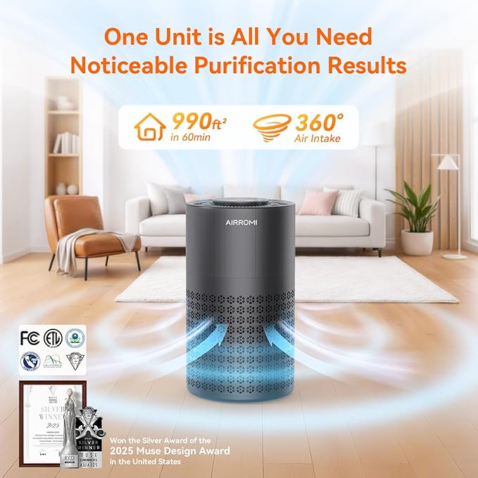 AIRROMI Air Purifier for Bedroom with HEPA 3-in-1 Filter, Pet Air Purifier for Home Cat Pee Smell, Covers Upto 990 Ft², Quiet 360°intake Air Cleaner for pet hair,allergies,Dust,Smoke A2001 Black - Image 2