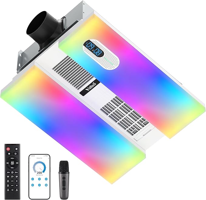Bathroom Exhaust Fan with Heater, Light, Bluetooth Speaker and Odor & Humidity Sensors, 230 CFM Quiet Ceiling Fan with 3 Dynamic RGB Lighting, 3CCT - Remote App Control - Works with Alexa by VallisCo