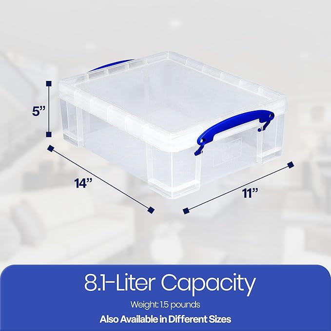 Really Useful Box Stackable 8.1L Plastic Storage Container Bin with Snap Lid & Built-in Clip Lock Handles for Home & Office Organization (10 Pack) - Image 3