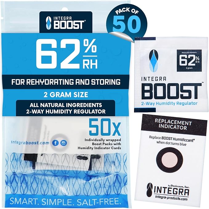 Integra Boost 2-Way Humidity Control Pack – Patented Technology for Humidity Control – Preserve Flavor & Maintain 62% RH – Moisture Absorber for Herbs, Spices & More – 2 Gram (Pack of 50) by IntegraSpecialtyProducts