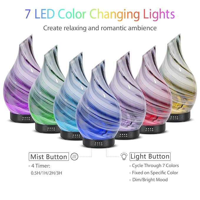 Essential Oil Diffuser 120ml Ultrasonic Aromatherapy Diffuser with Handmade Glass with Auto Shut-Off Protection 4 Timer Setting 7 Colors Changed LED Diffuser for Home Yoga Office Gifts for Women - Image 2