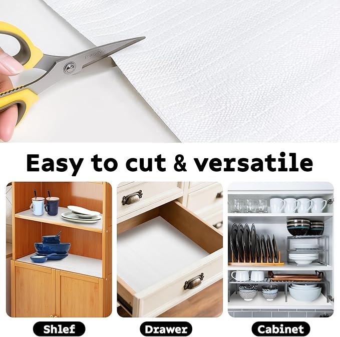 Shelf and Drawer Liner for Kitchen Cabinet, Non Adhesive Non Slip Thickened Cabinet Liners for Shelves, Refrigerator Cupboard Liners with Knife and Tape Measure, White, 12 in x 20 Feet - Image 5