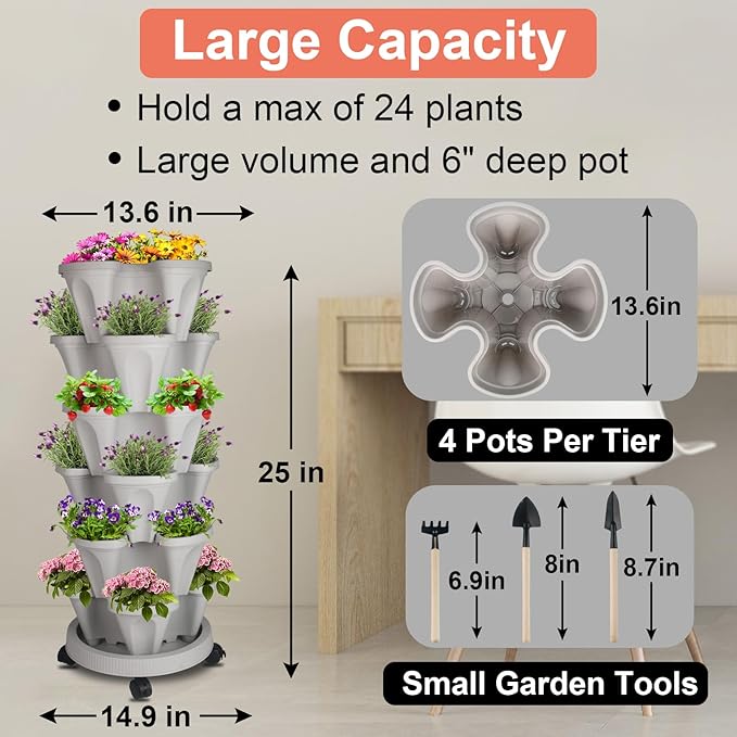 GameXcel Vertical Planter 6 Tier Stackable Planters Garden Planters Strawberry Herb Flower and Vegetable Planter Indoor Outdoor Gardening Pots with Removable Wheels and Tools - Image 4
