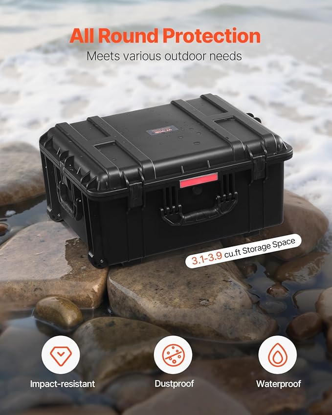 VEVOR Weatherproof Hard Case, Heavy Duty Protective Dry Box Case with Pre-Cut Foam, Wheel Retractable Pull Handles for Travel, Hunt, Military, Tactical, IP67 Waterproof Case for Camera(24.8*19.7*12.5) - Image 2