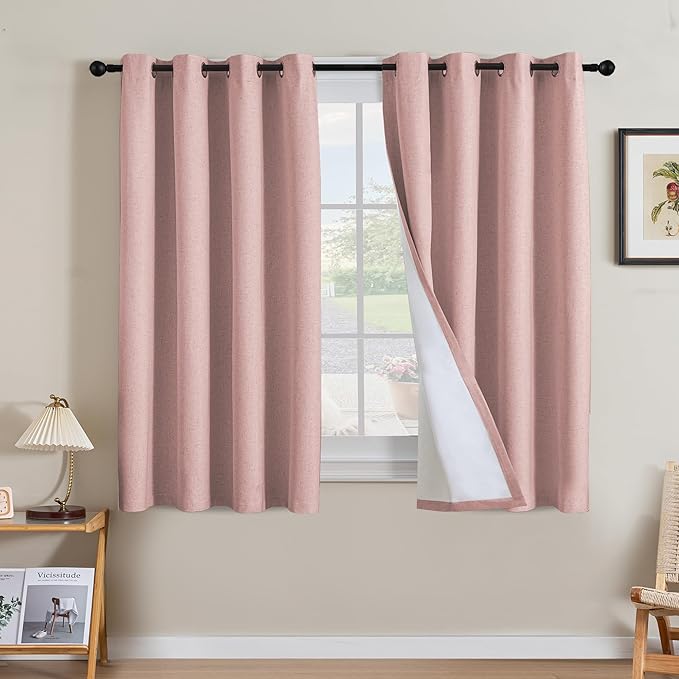 H.VERSAILTEX Linen Curtains 100% Blackout Curtains for Bedroom 54 inch Long Full Light Blocking Nature Linen Blended Window Curtains for Living Room Nickel Grommet (2 Panels, Heathered Baby Pink) by HVERSAILTEX