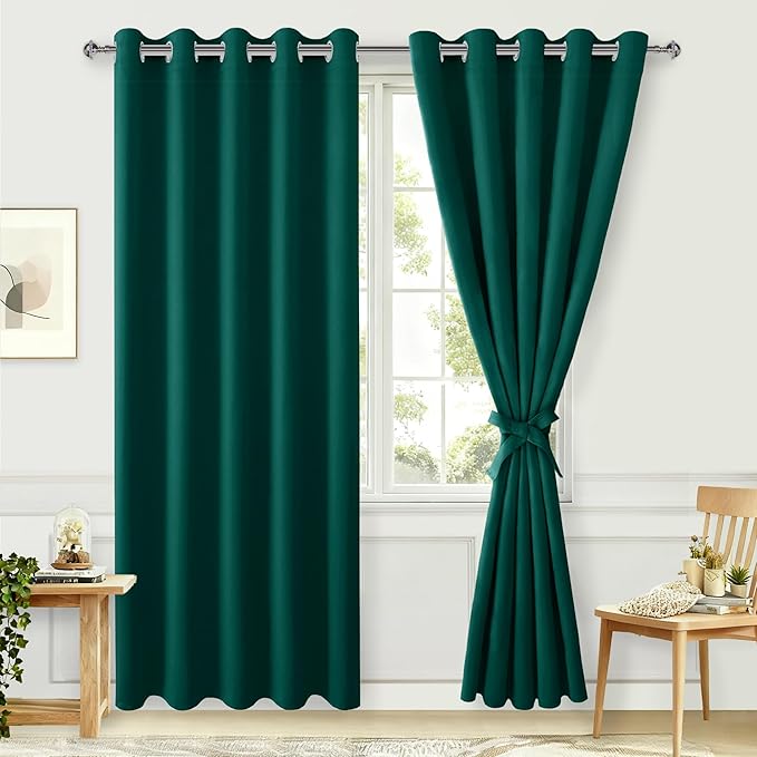 Hiasan Blackout Curtains for Bedroom, 60 x 84 Inches Long - Thermal Insulated & Energy Saving Window Curtains for Living Room, 2 Drape Panels Sewn with Tiebacks, Hunter Green by Hiasan