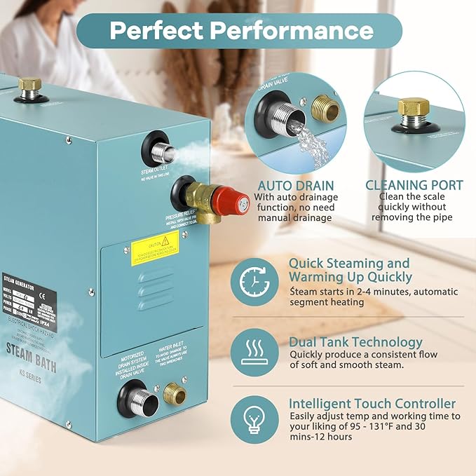 6KW Commercial Self-Draining Steam Generator Shower System Home Steam Bath Spa Generator 30 min to 12 Hours Auto Drain 95-131℉ for Suitable Space Heating 6 m³/212Cubic feet（6KW） - Image 2