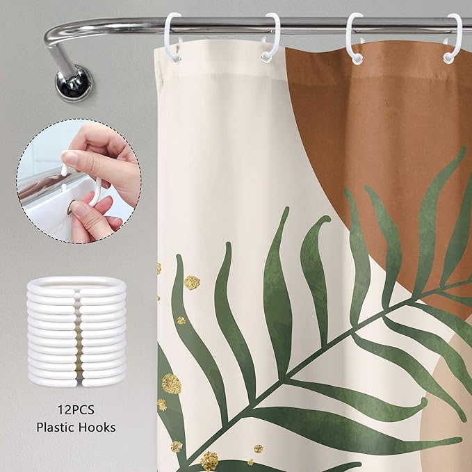 Brown Boho Mid Century Shower Curtain 60Wx72H Abstract Gold Leaves Plant Modern Sun Minimalist Geometric Arch Art Line Bathroom Decor Neutral Bath Curtain Fabric Polyester 12 Pack Hooks - Image 4