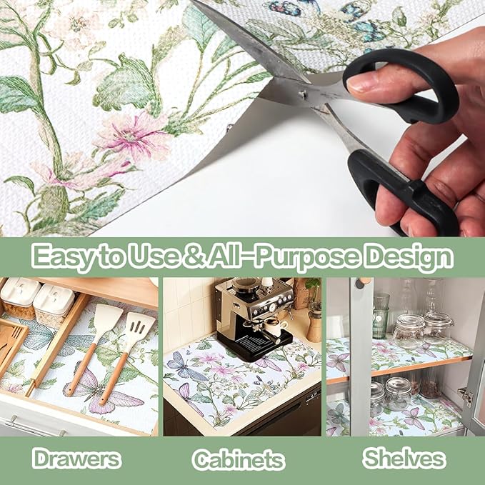 Shelf and Drawer Liner for Kitchen Cabinet Non-Adhesive Strong Grip Floral Shelf Liner Non-Slip Drawer Liner Waterproof Easy Install Cabinet Liner for Drawer Cupboard Table Shelves 12IN×16.4FT - Image 3