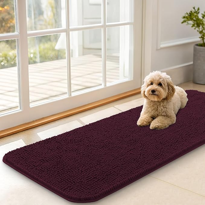 OLANLY Dog Door Mat for Muddy Paws 47x17, Absorbs Moisture and Dirt, Absorbent Non-Slip Washable Doormat, Quick Dry Chenille Mud Mat for Dogs, Entry Indoor Entryway Carpet for Inside Floor, Russet by OLANLY