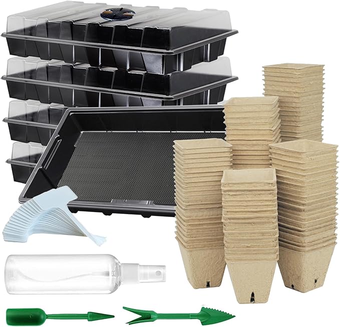 Seed Starter Kit with 100 Peat Pots for Seedlings Seed Starter Tray, 5 Plastic Growing Trays with Water Strainer 20 Plant Labels & 2 Garden Tools Outdoor or Indoor by UTYLNE