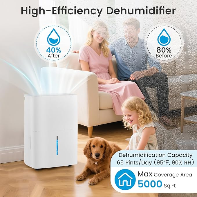 DORTALA 65 Pints Energy Star Dehumidifier for 5000 Sq.Ft Large Rooms, Basement, Bathroom, Home Dehumidifier with Drain Hose, 2 Modes, 24H Timer, 1.4 Gal Water Tank, Auto Defrost, White - Image 3