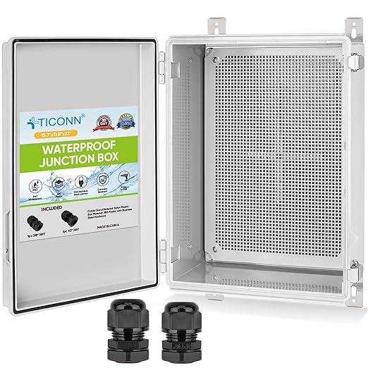 TICONN Outdoor Electrical Box Waterproof, Junction Box IP67 ABS Plastic Enclosure with Hinged Cover with Mounting Plate, Wall Brackets, Cable Glands (Off-White, 15.7"x11.8"x7.1") by TICONN