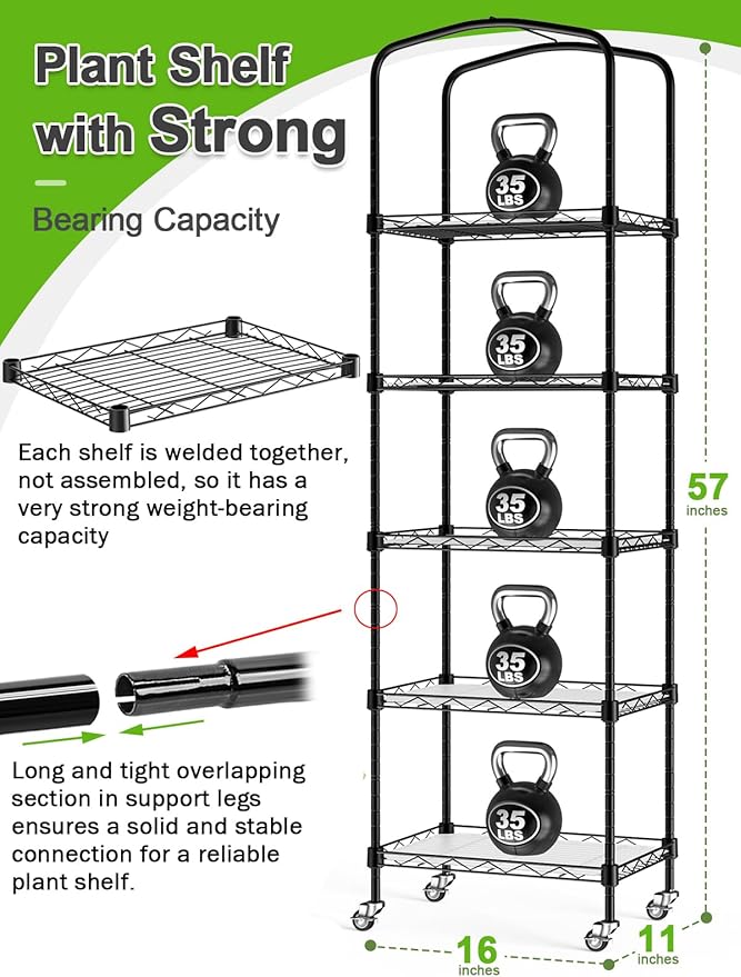 Abimars 5-Tier Mini Greenhouse with Caster Wheels, Each Shelf Height Adjustable Metal Plant Shelf with PVC Cover for Seed Starting Trays, Seedling Pots, Plant Pots, 11x16x57inch - Image 2