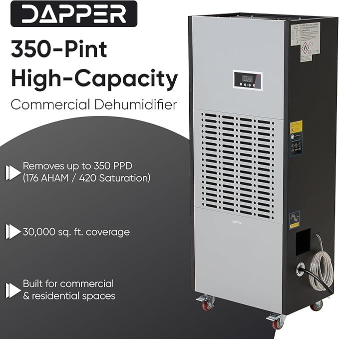 350 Pints Commercial Dehumidifier for Basements & Industrial Spaces – Built-In Pump, Drain Hose, Continuous Operation, 2-Speed Fan, 30000 Sq Ft Coverage - Image 2
