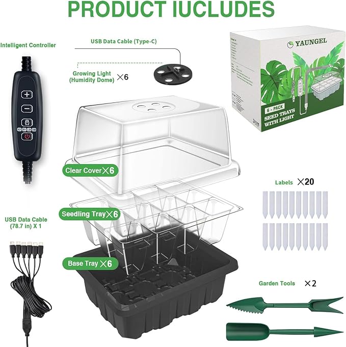 YAUNGEL Seed Starter Tray with Grow Light, 6 Pack Seed Starter Kit with Timing Controller Adjustable Brightness, Thicken Seedling Starter Trays with Humidity Domes Heightened Lids, Black - Image 7