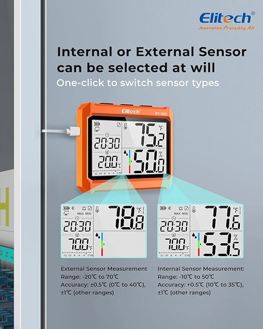 Elitech 2Pack Digital Bluetooth Hygrometer Thermometer, Refrigerator Thermometer with Free APP, Real-Time Temperature Humidity Monitor, PDF&CSV Data Export, IPT-100S with External Probe - Image 2