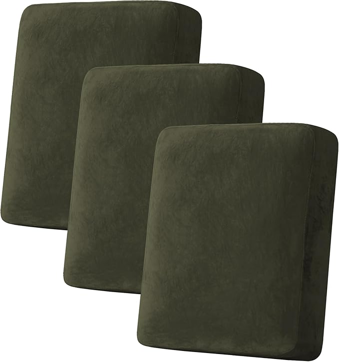 H.VERSAILTEX Velvet Stretch Couch Cushion Cover Plush Cushion Slipcover for Chair Loveseat Sofa Cushion Furniture Protector Seat Cushion Sofa Cover (3 Piece Sofa Cushion Covers, Olive) by HVERSAILTEX