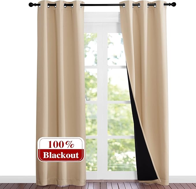 NICETOWN Living Room Completely Shaded Draperies, Privacy Protection & Noise Reducing Black Lined Insulated Window Treatment Curtain Panels for Patio Door (Set of 2 Pcs, W37 x L84, Biscotti Beige) - Image 2